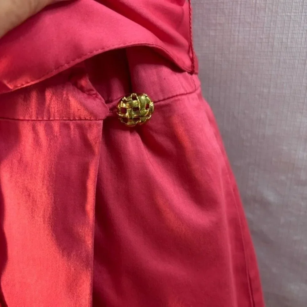 Elizabeth McKay Ruffle Collar Sleeveless Wrap Dress With Gold Button Accent - Picture 4 of 14